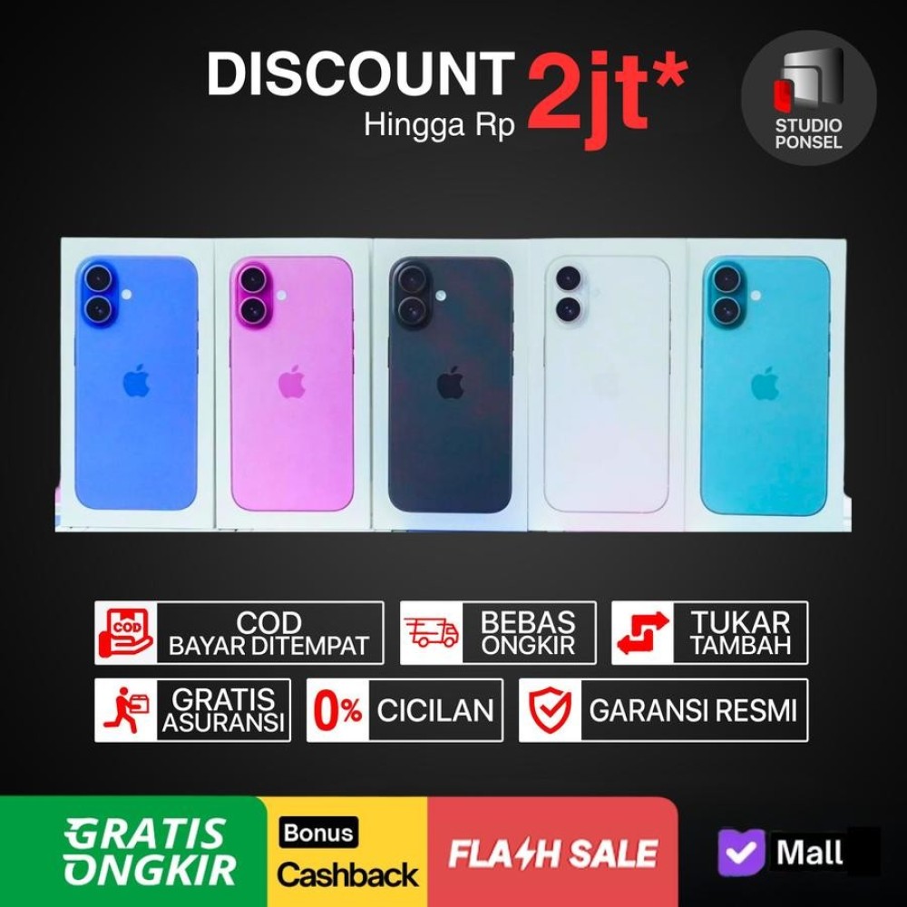 
                                                            Apple iPhone 16 128GB 256GB 512GB Black White Pink Teal Ultramarine Garansi Resmi - 128GB, Black