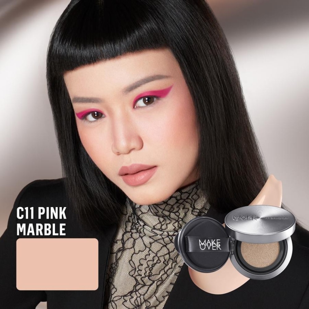 NEW! MAKE OVER Hydrastay Prismatic Glass Cushion - Glow Cushion Plumpy Tahan Cuaca Panas Lembab Anti Crack Smudgeproof Tidak Cakey Tidak Crease High Coverage Tahan Banting Radiant Foundation Compact Makeup - C11 Pink Marble